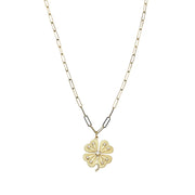 Love Lisa long paperclip charm necklace in gold with lucky clover pendant on 30 inch chain