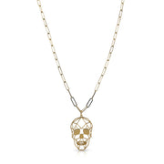 ong paperclip charm necklace in gold with skull charm on long paperclip chain