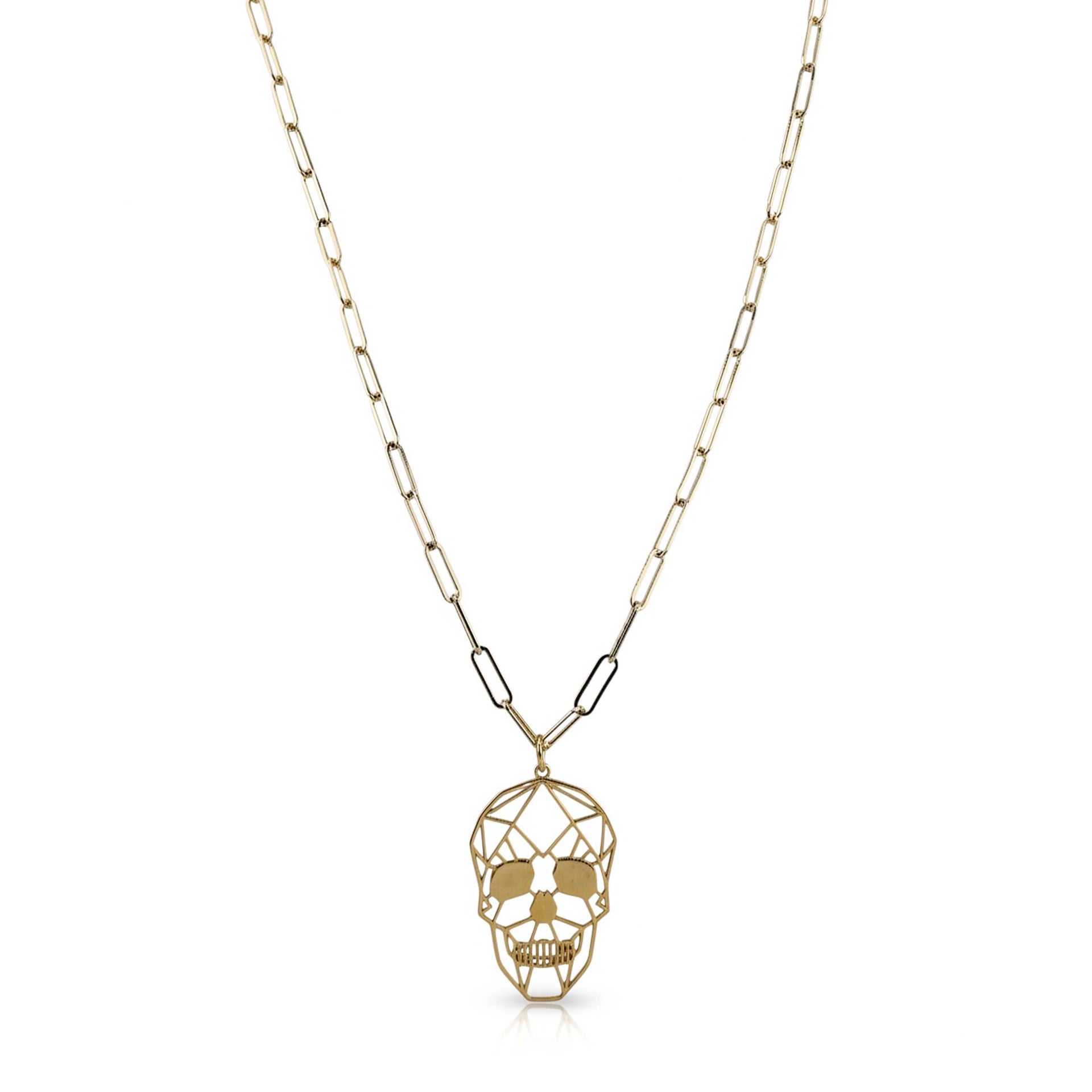 ong paperclip charm necklace in gold with skull charm on long paperclip chain