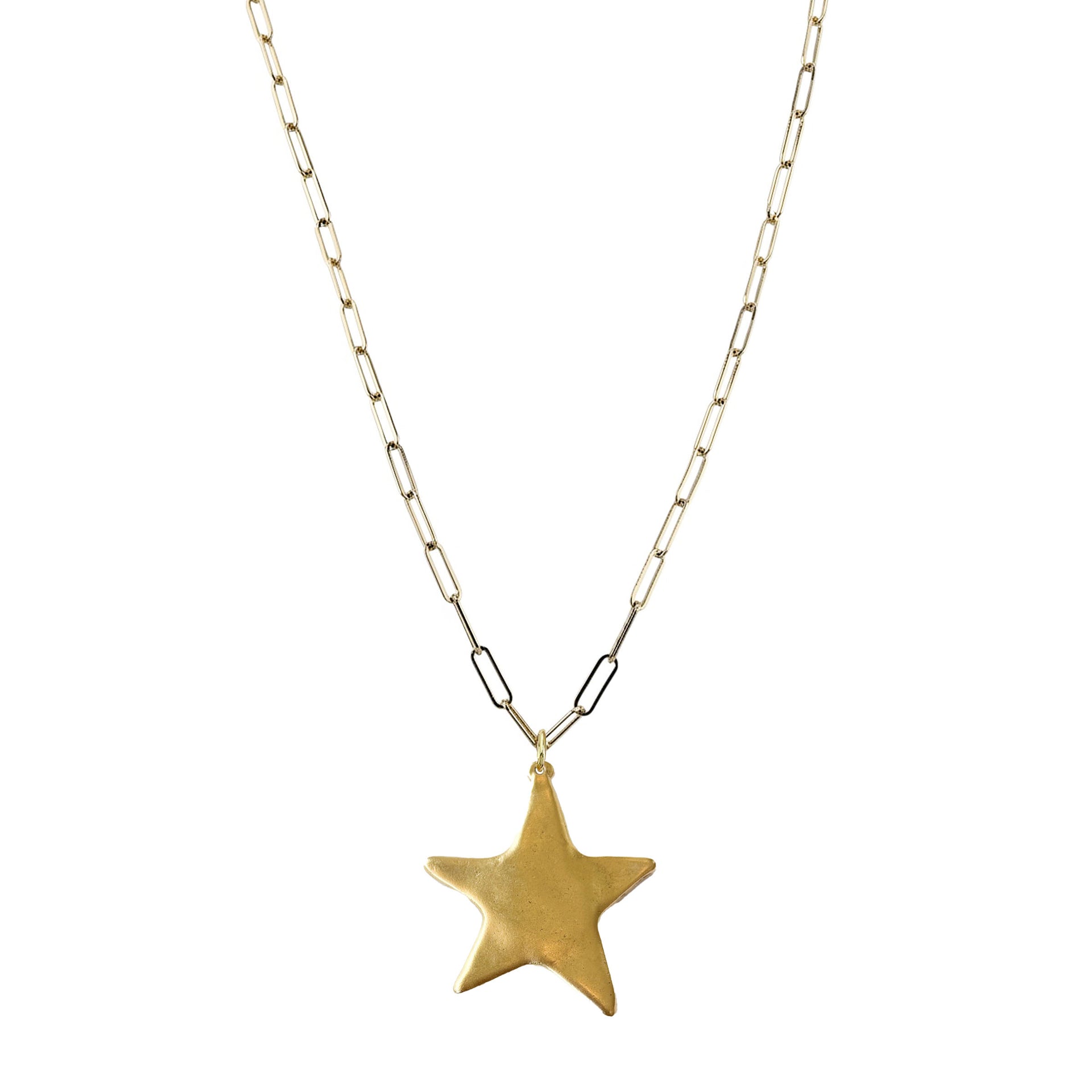 long paperclip charm necklace in gold with star charm on 30 inch chain
