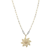 long paperclip charm necklace in gold with sunflower charm on 30 inch paperclip chain