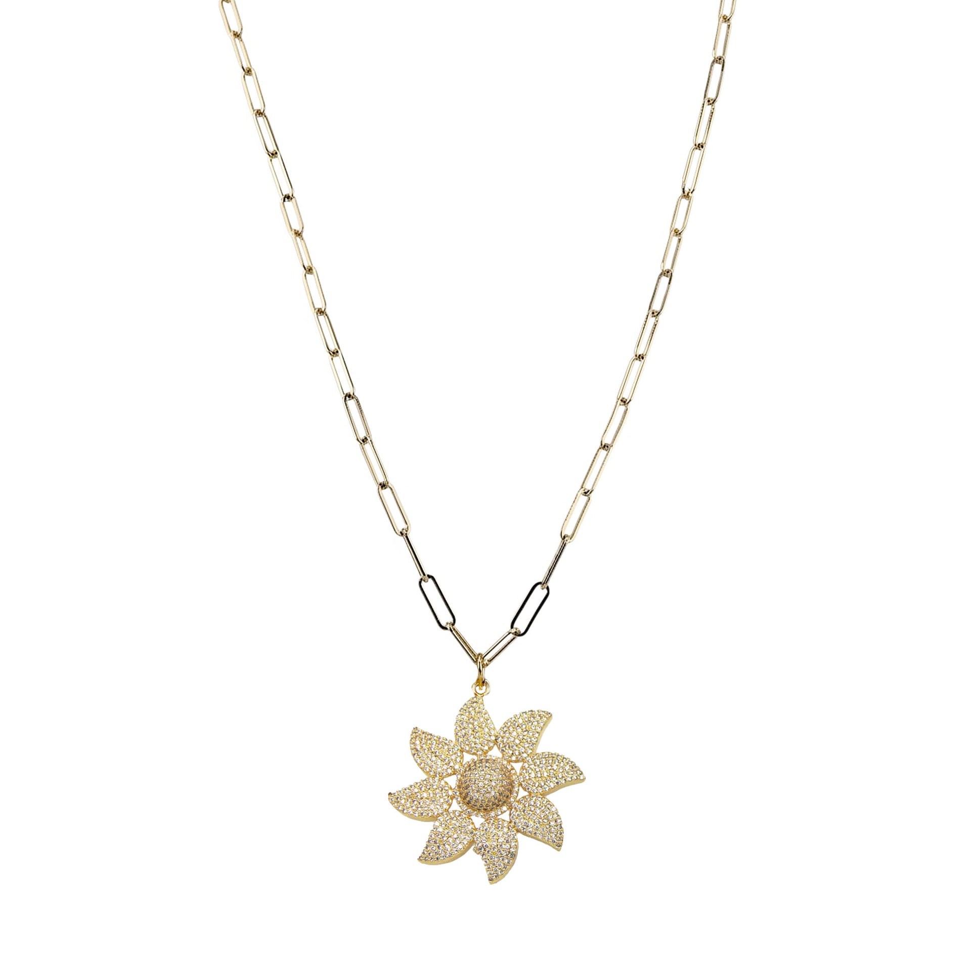 long paperclip charm necklace in gold with sunflower charm on 30 inch paperclip chain