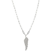 silver long paperclip charm necklace with angel wing pendant and lobster clasp closure