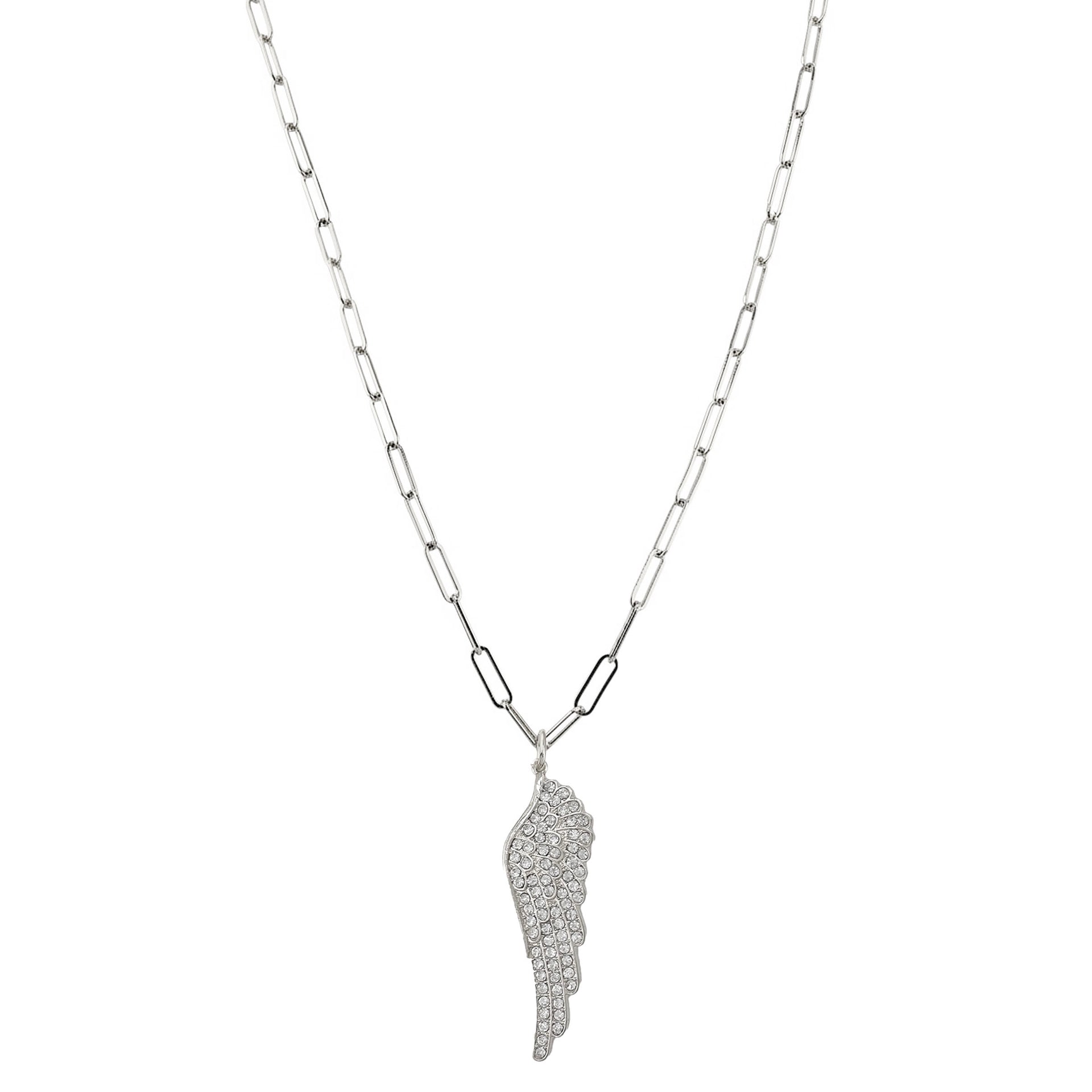 silver long paperclip charm necklace with angel wing pendant and lobster clasp closure