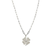 silver long paperclip charm necklace with clover charm on 30 inch chain
