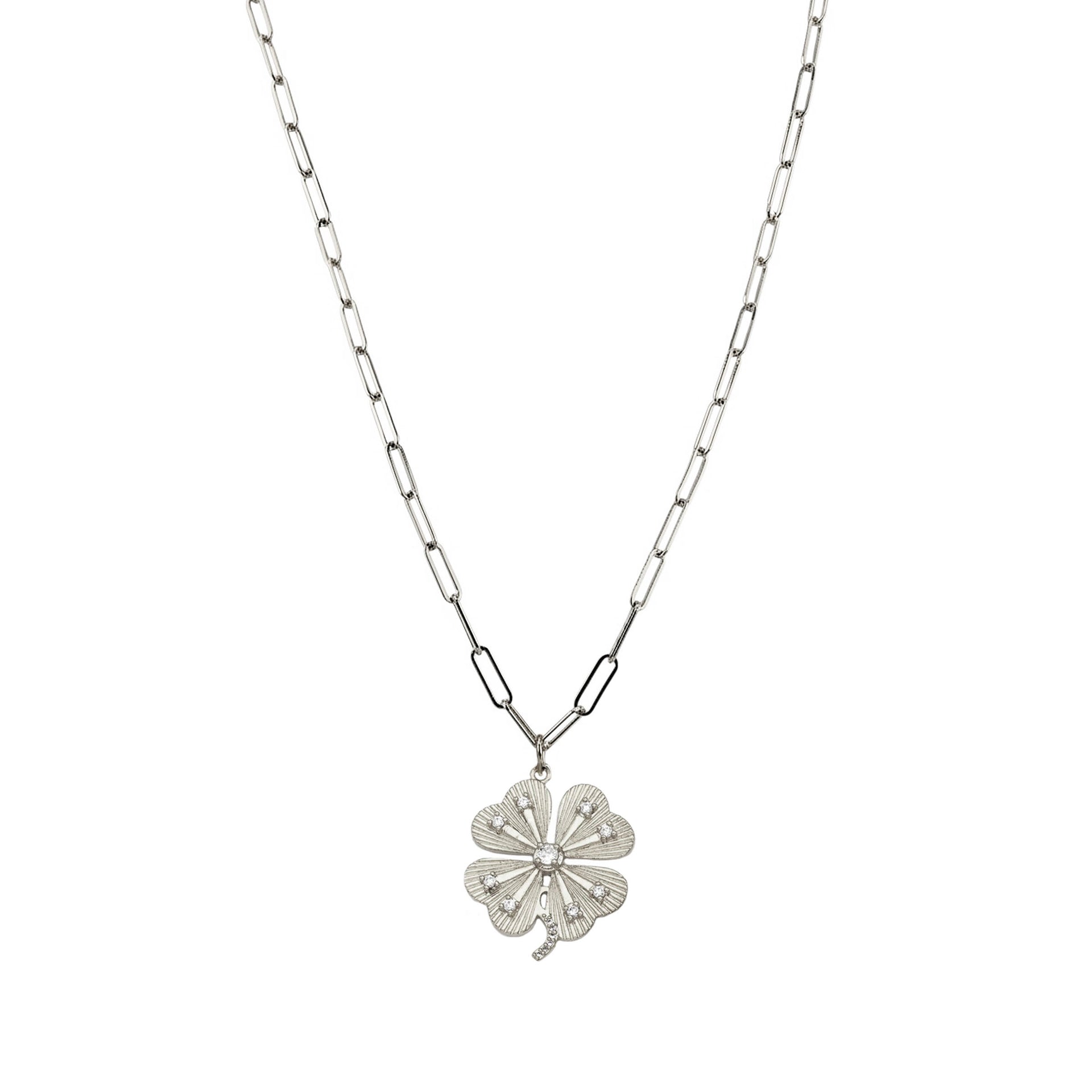 silver long paperclip charm necklace with clover charm on 30 inch chain