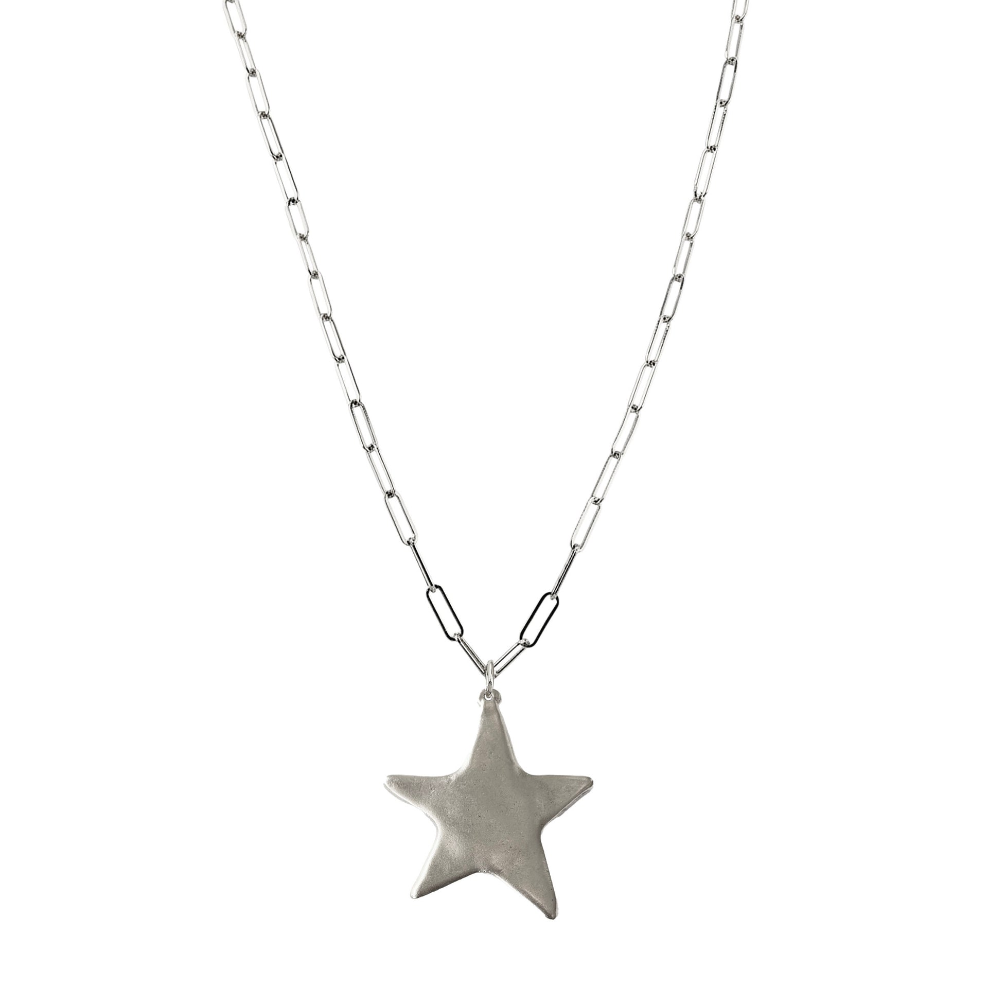 silver long paperclip charm necklace with star charm on long paperclip chain