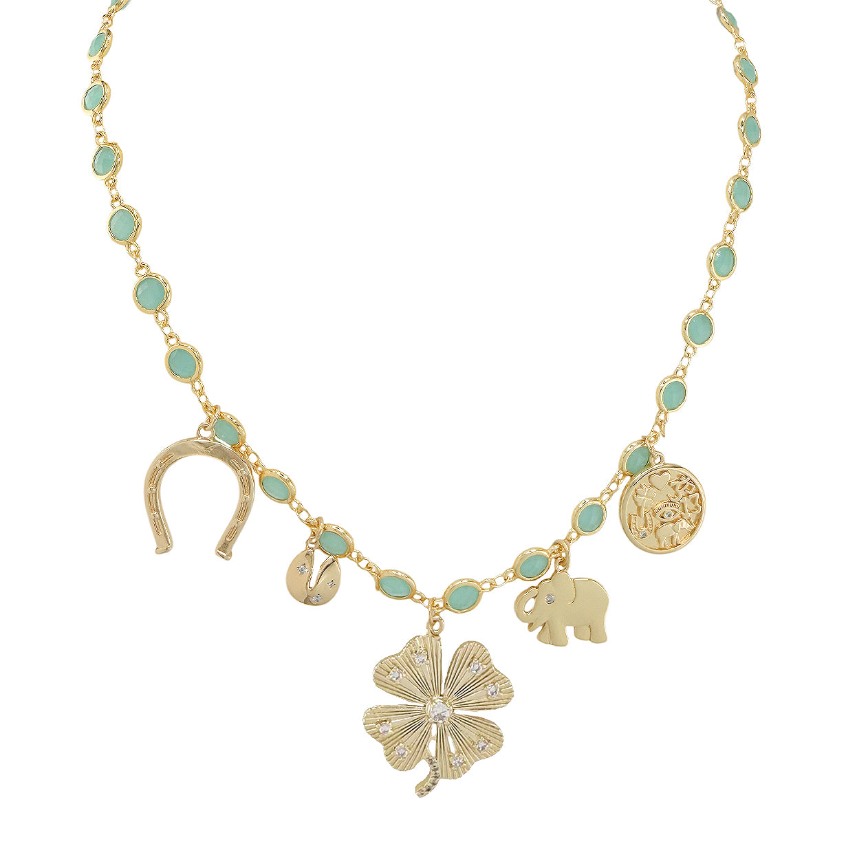 Love Lisa lucky clover green stone necklace with diamond by the yard style and gold lucky charms