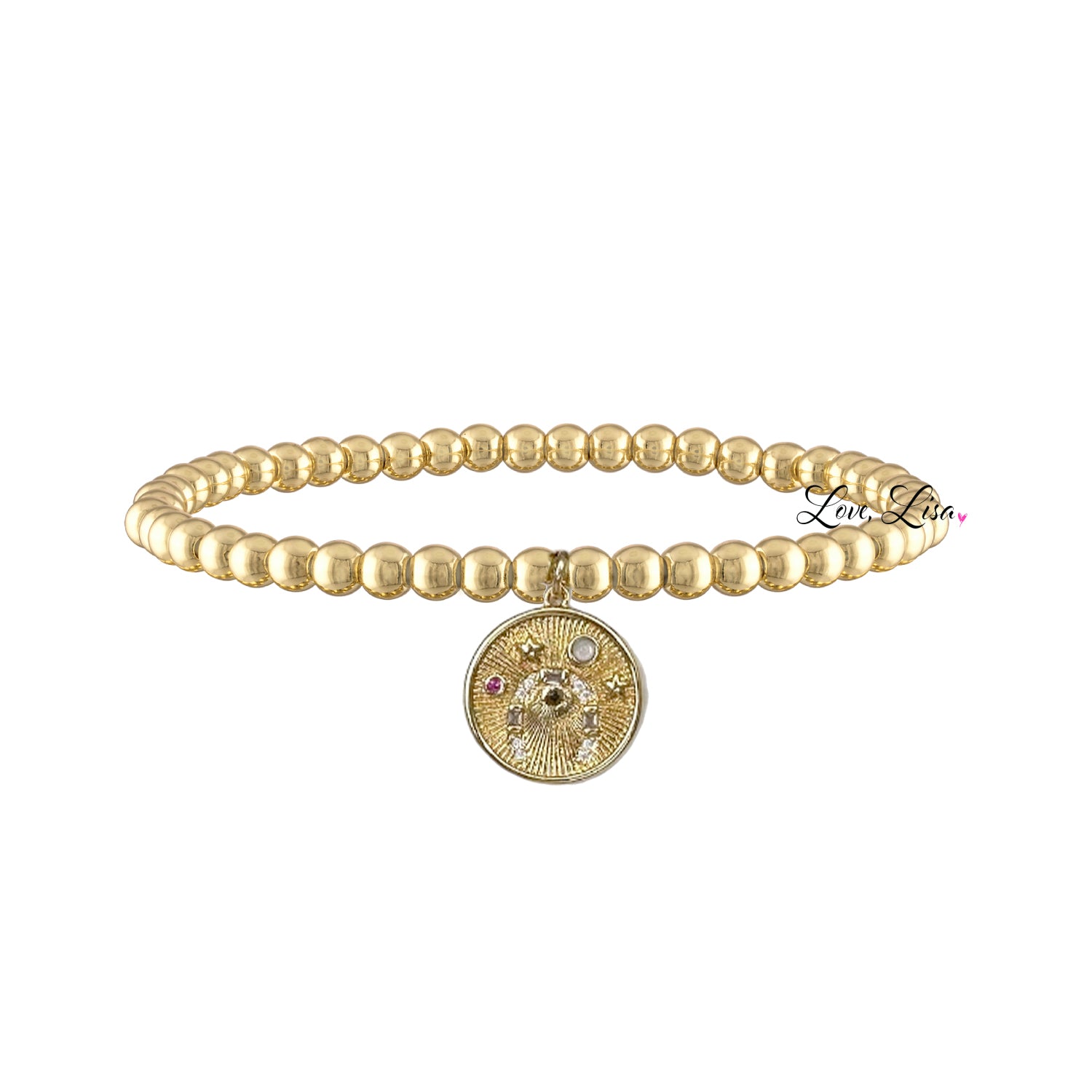 gold beaded bracelet with horseshoe disk charm lucky symbol bracelet from lori lucky lady collection