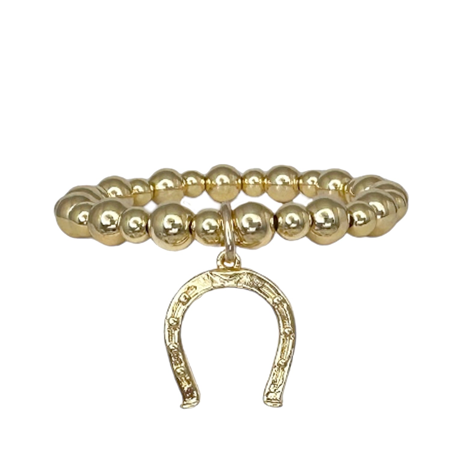 gold beaded bracelet with horseshoe charm lucky themed bracelet from lori lucky lady collection