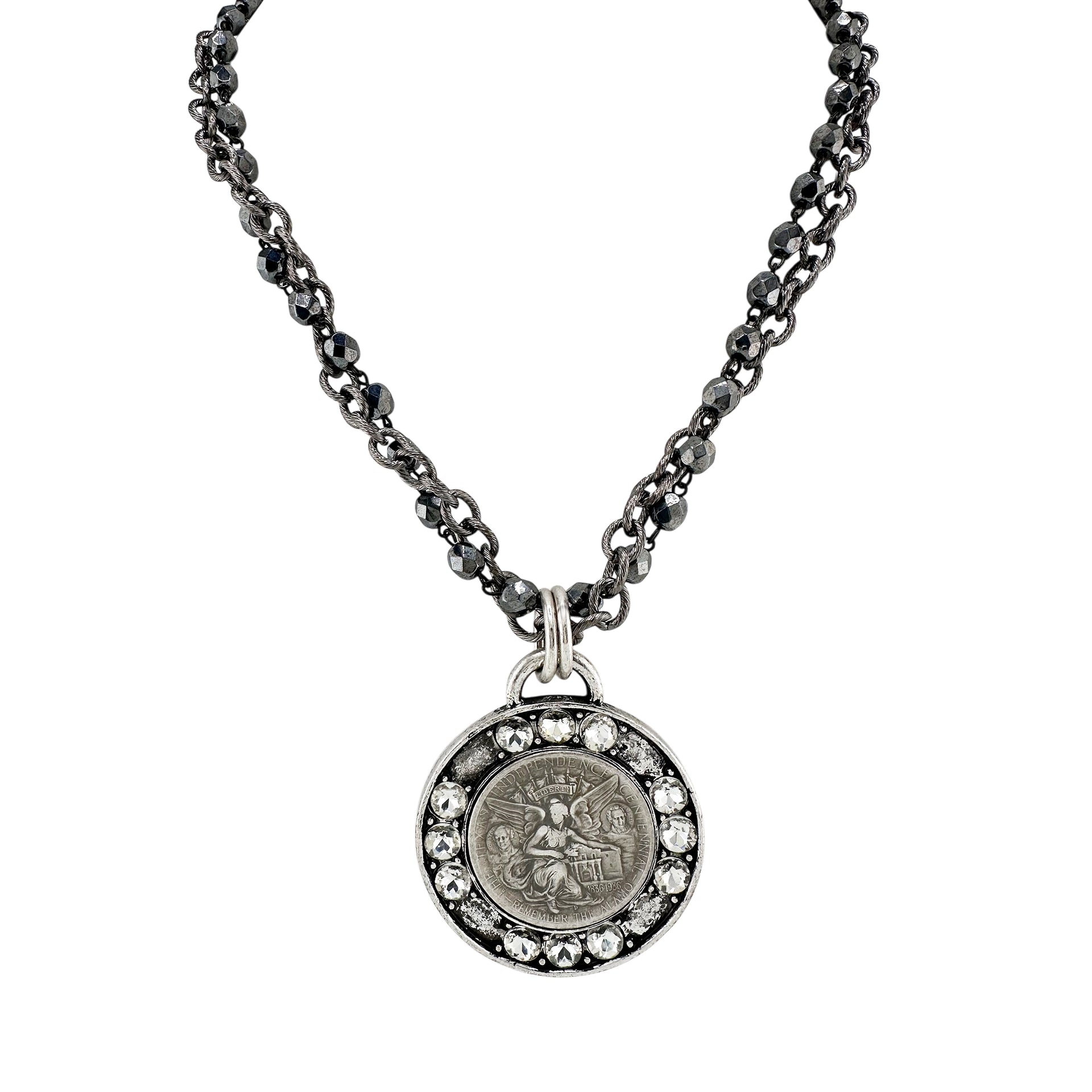 love lisa enchanted fairy coin necklace on dual gunmetal chain