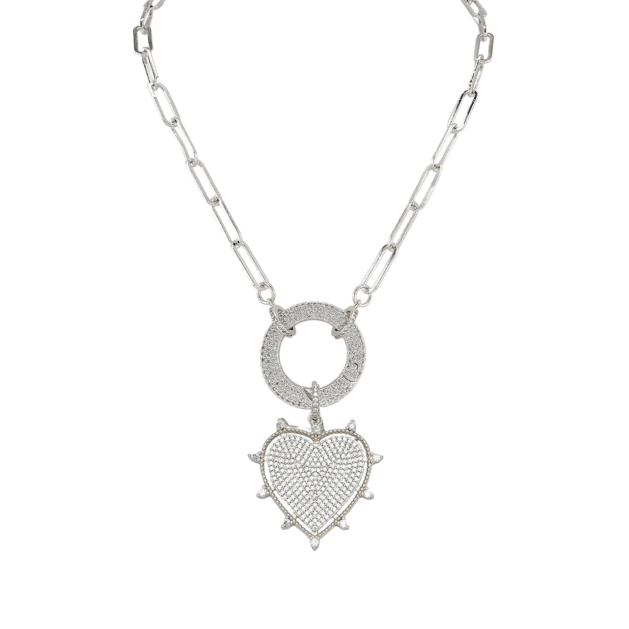 silver stellar heart charm necklace with spiked pavé design

