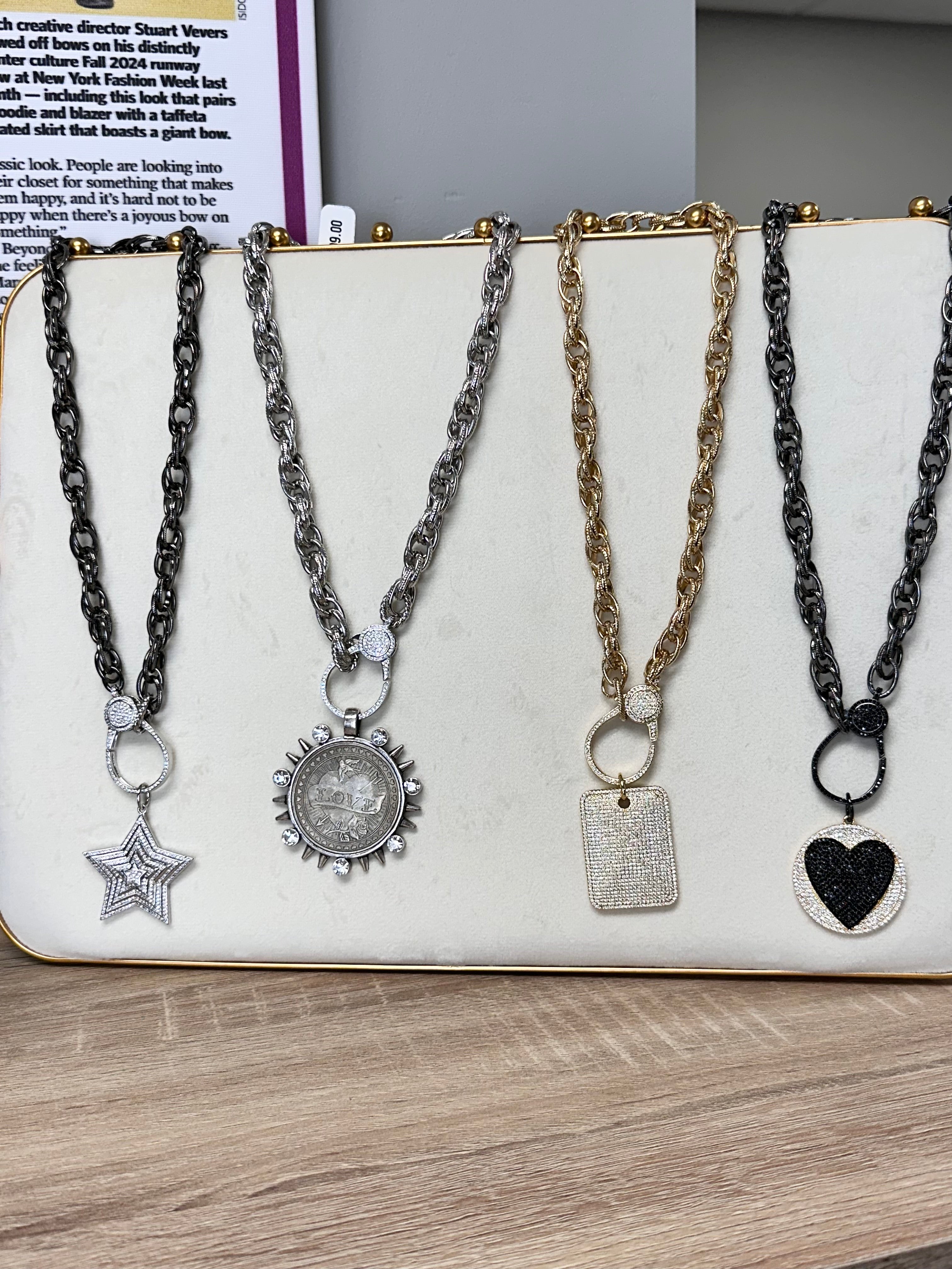 Shelly Charm Keeper Necklace – Gold or Silver Pavé Link Chain