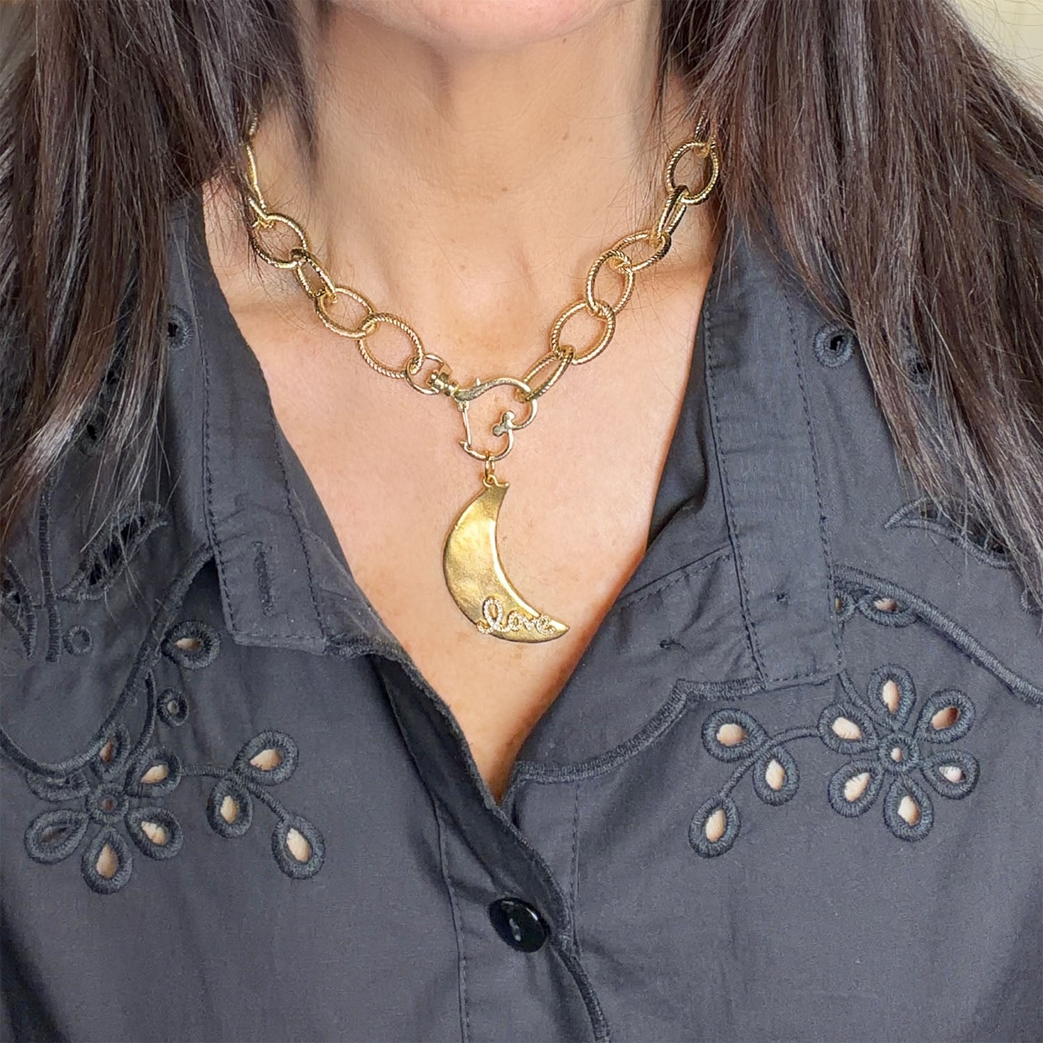 love lisa love you to the moon necklace worn layered gold chain jewelry