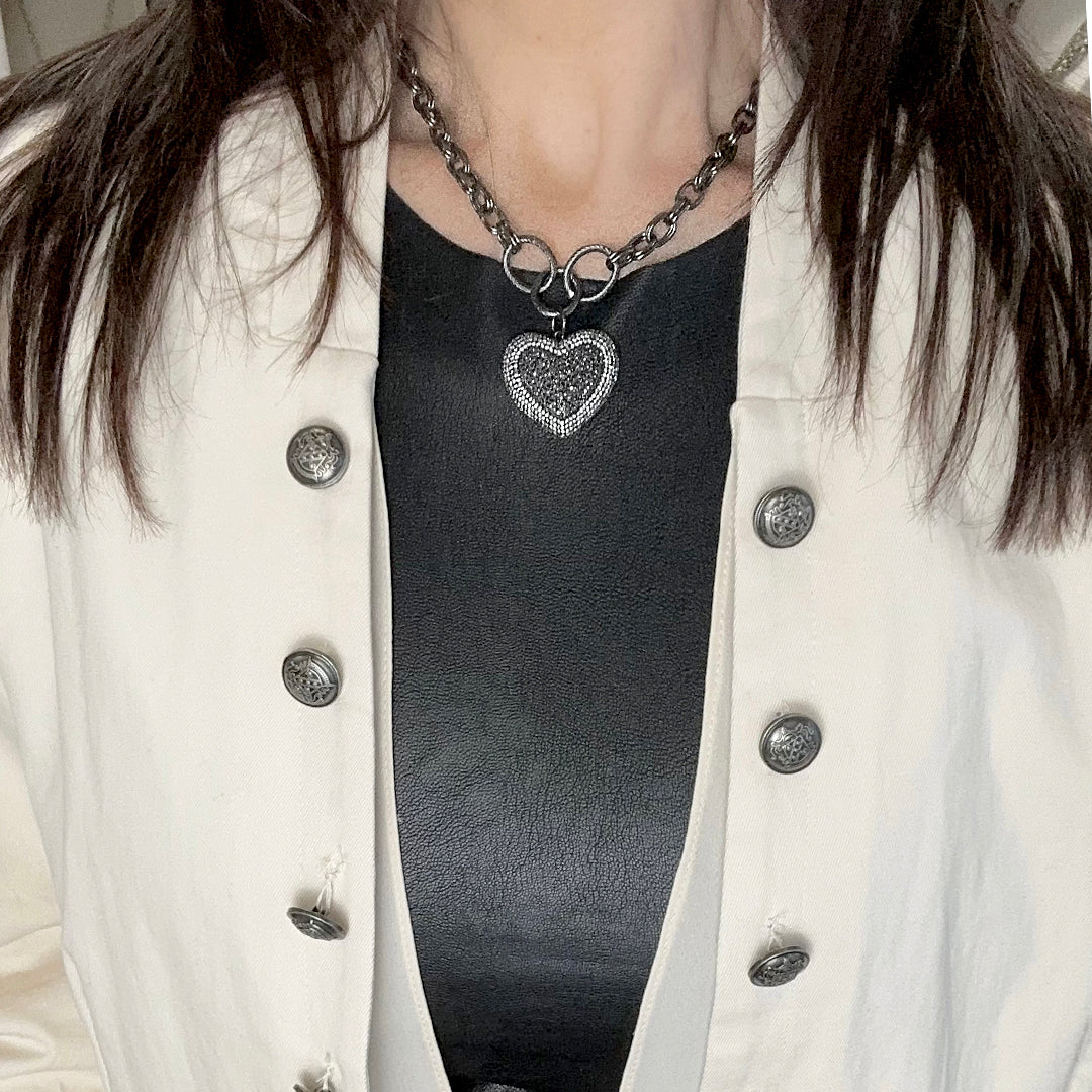 lovers lane necklace worn on model bold gunmetal chain

