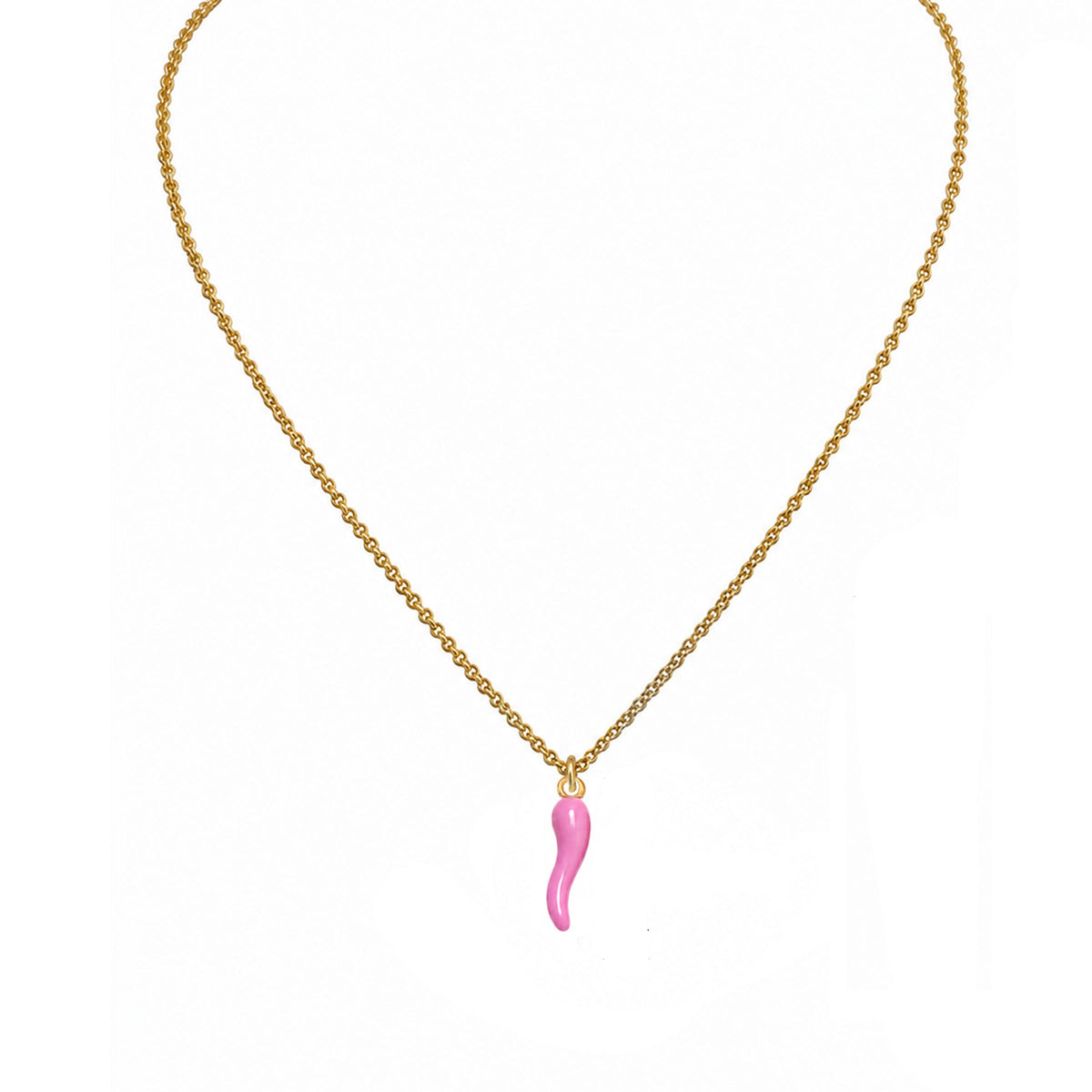 Love Lisa Lucia Breast Cancer Awareness Pink Italian Horn Necklace with petite pink enamel cornicello pendant on a delicate gold-tone chain