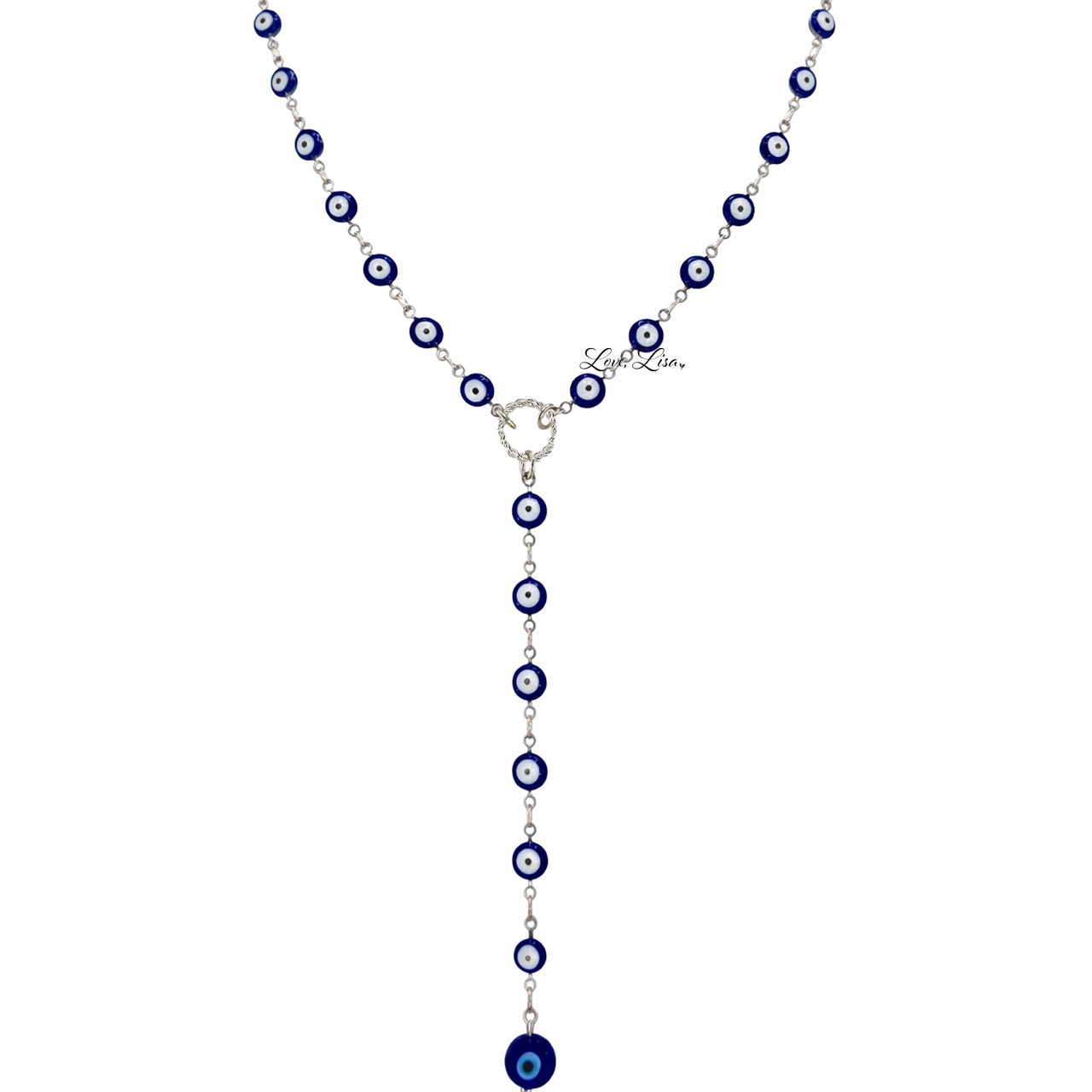 lucia evil eye y necklace silver blue beaded chain with drop evil eye detail