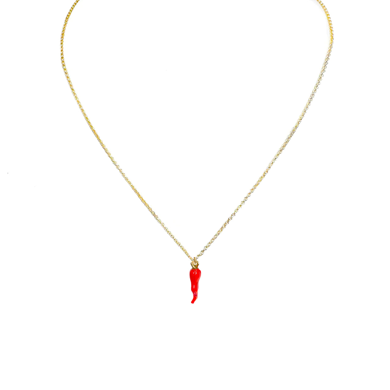lucia italian horn necklace red charm on gold chain front
