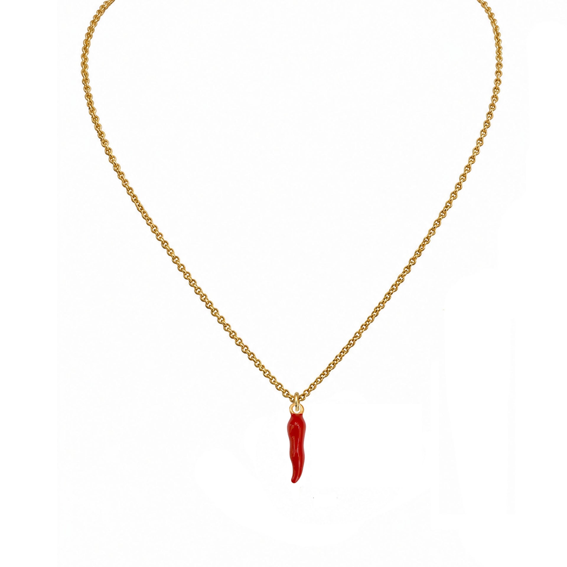 Lucia red and gold Italian horn necklace with small red enamel horn pendant on gold chain