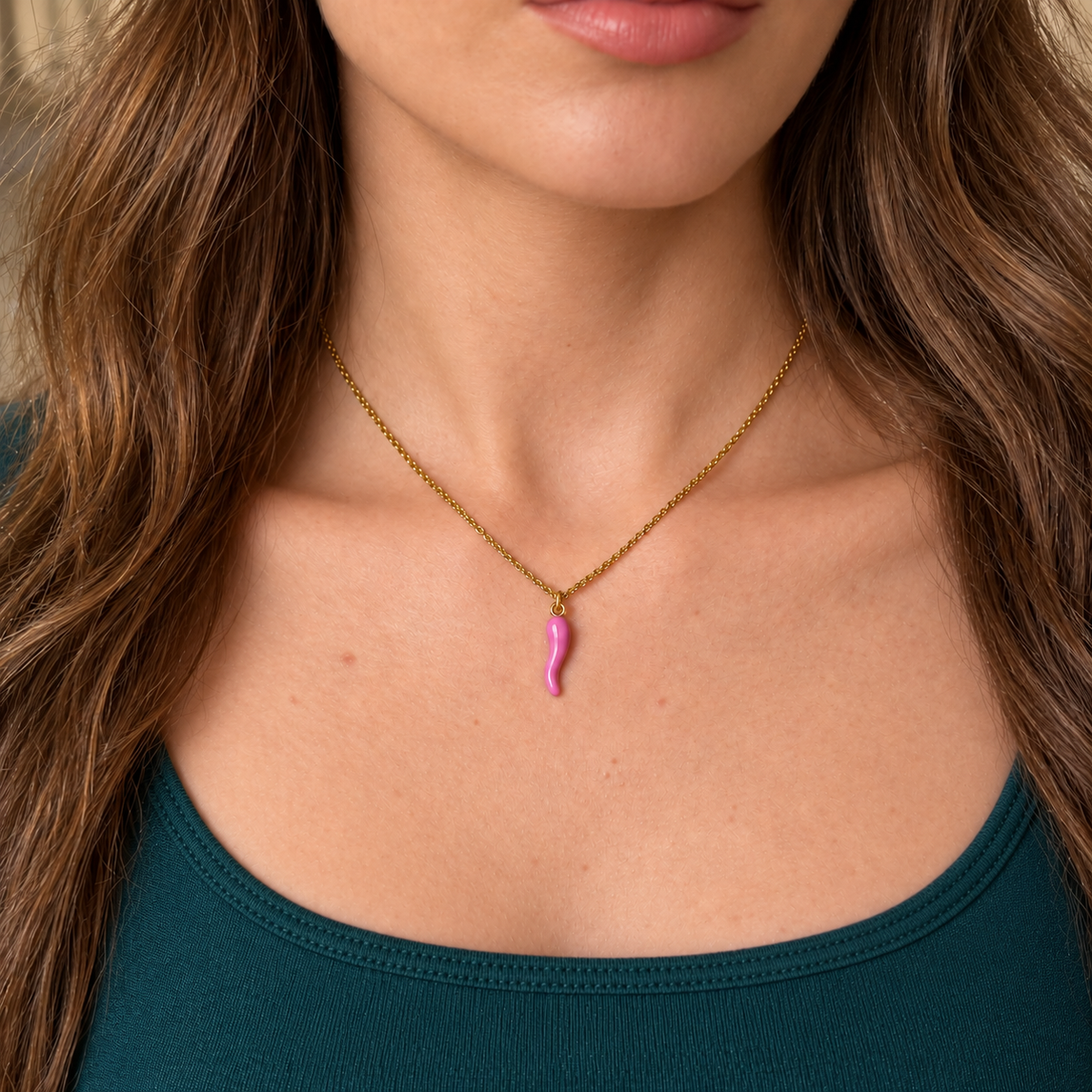 Love Lisa Lucia Pink Italian Horn Necklace worn at the neckline with petite pink enamel horn pendant and delicate gold-tone chain
