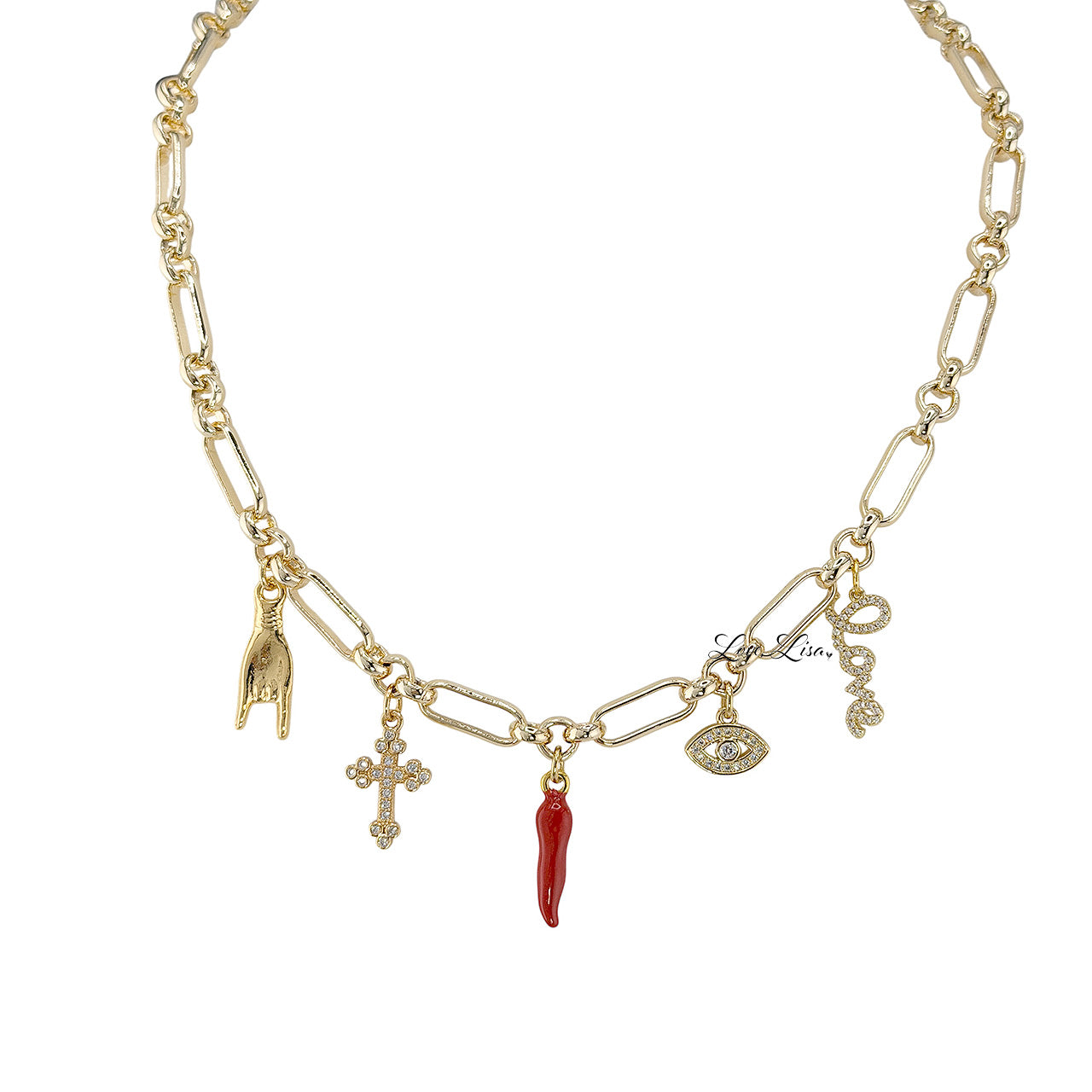 Love Lisa Luciana Italian horn charm necklace gold chain with red horn evil eye crystal cross and heart charms