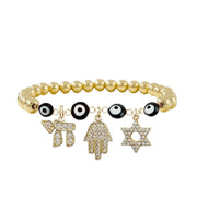 Bat Mitzvah bracelet with black evil eye gold beads Jewish protection symbols
