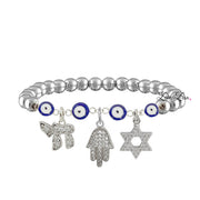 Judaica protection bracelet with silver beads blue evil eye Hamsa hand Star of David and Chai charms

