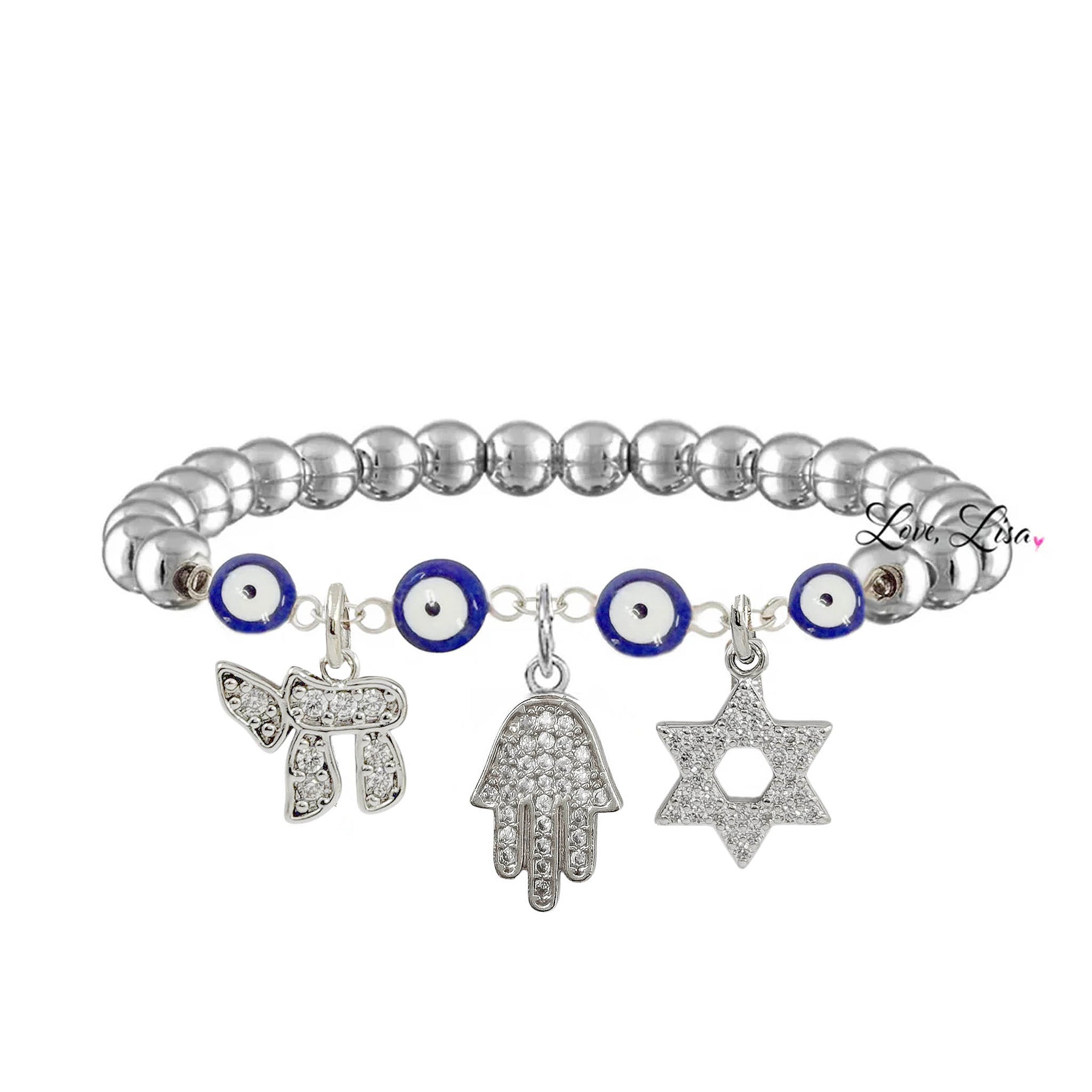 Judaica protection bracelet with silver beads blue evil eye Hamsa hand Star of David and Chai charms
