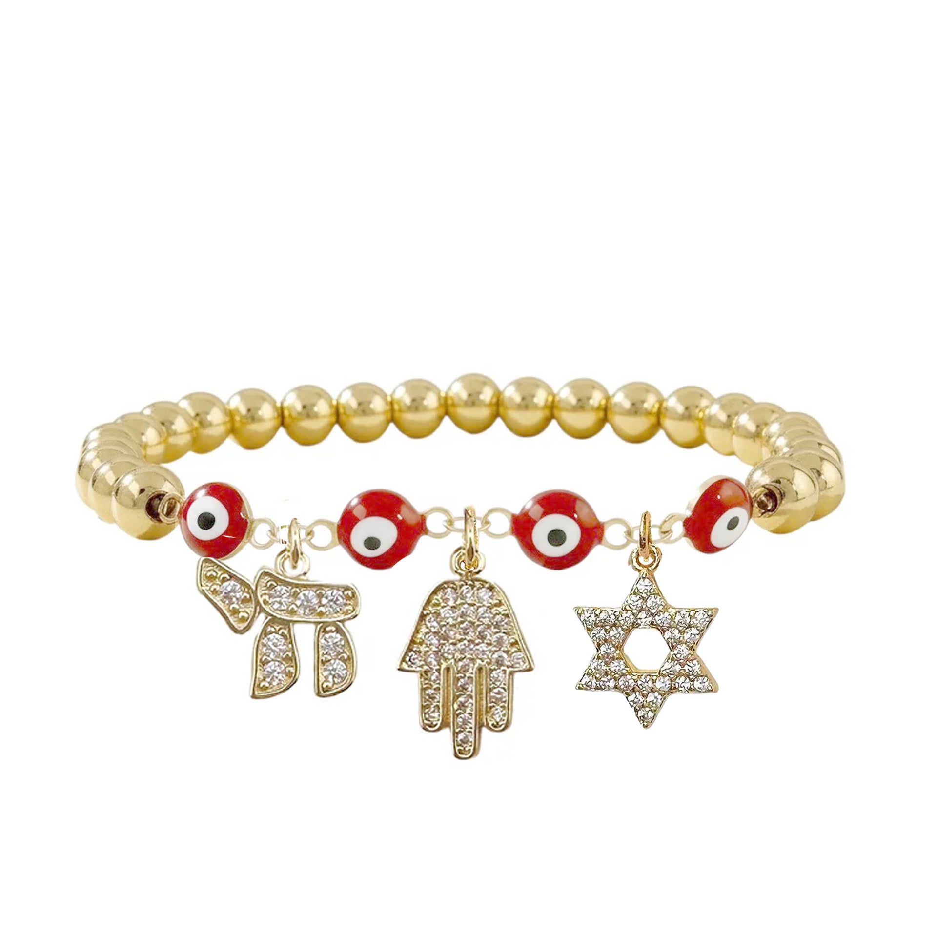 Bat Mitzvah gift bracelet with gold beads red evil eye Hamsa Star of David Chai charms
