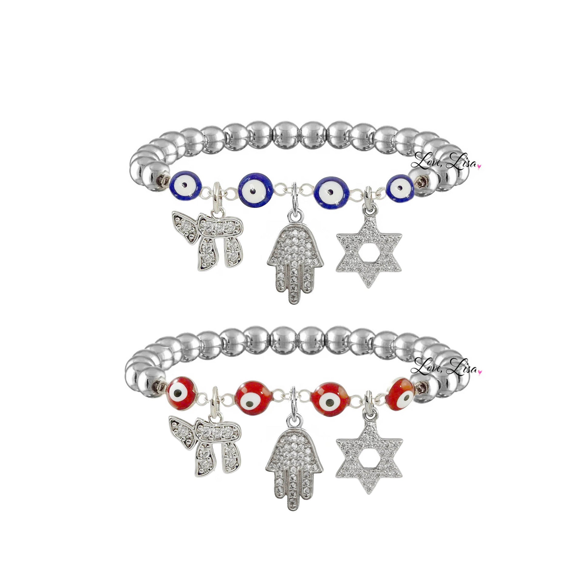 Evil eye Hamsa Star of David Chai bracelet silver beads red evil eye accents
