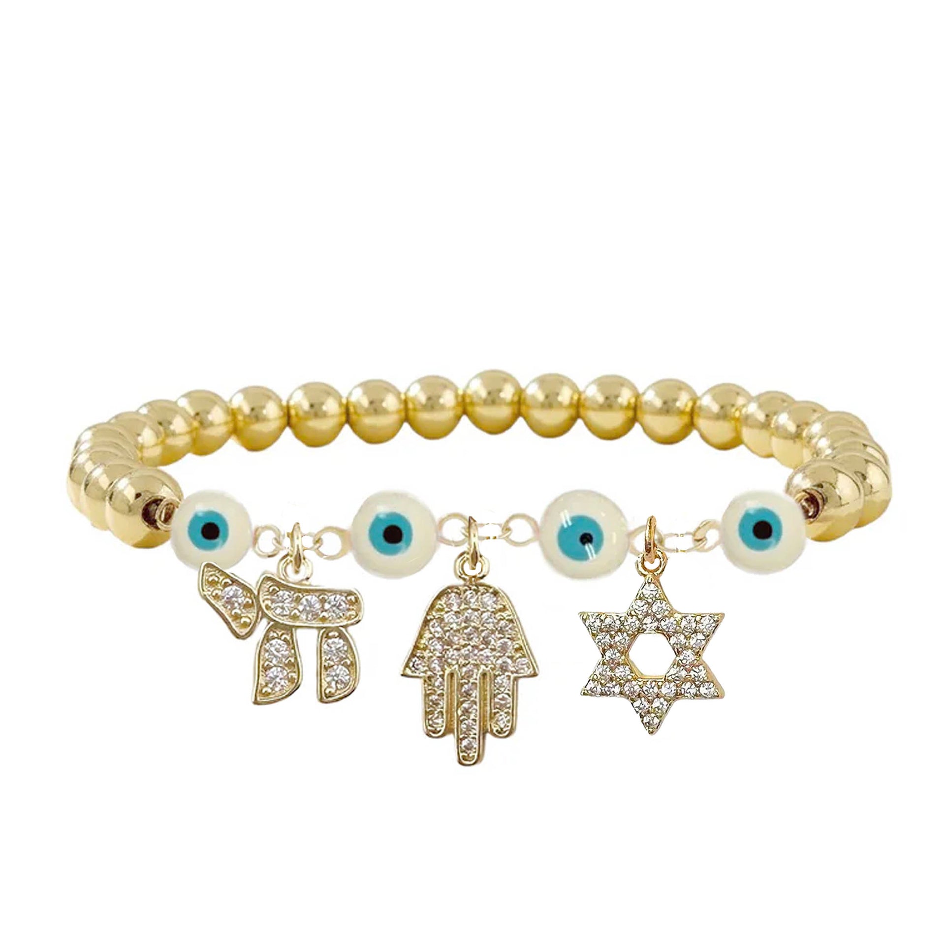 Judaica bracelet with white evil eye beads Hamsa hand Star of David Chai gold finish

