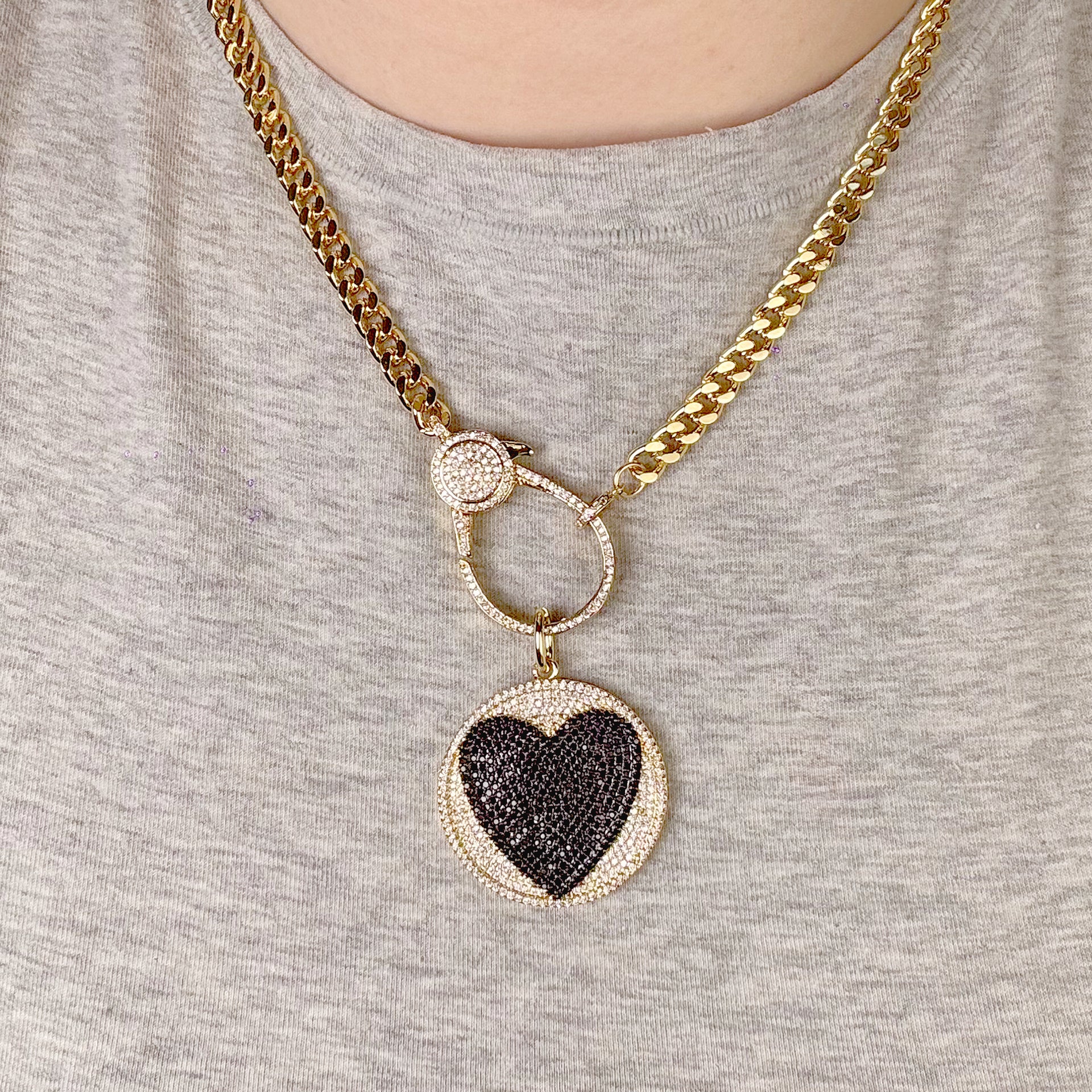 love lisa layered necklace look with luna love heart disc charm gold black pave charm
