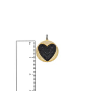 Gold disk charm with black pavé heart center measurement