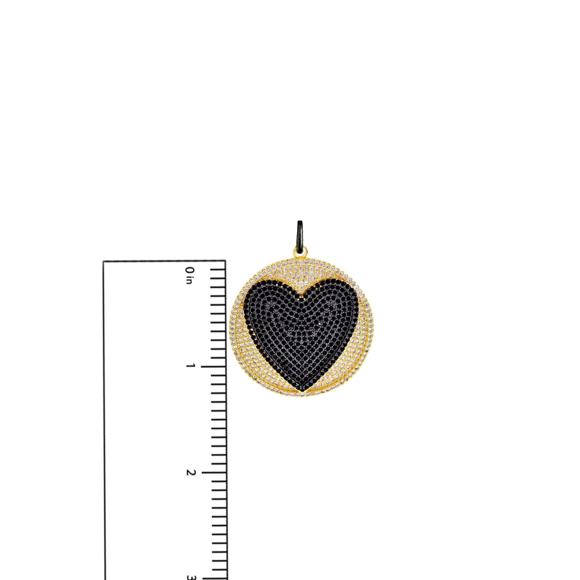 Gold disk charm with black pavé heart center measurement
