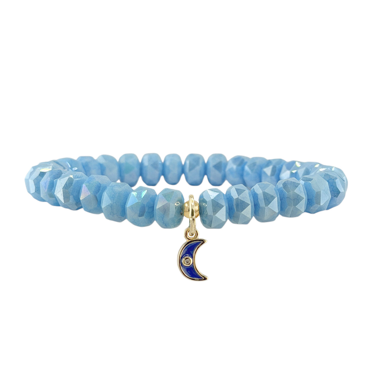 Luna Luxe Moon Charm Crystal Beaded Bracelet in light blue with faceted rondelle beads and crescent moon charm