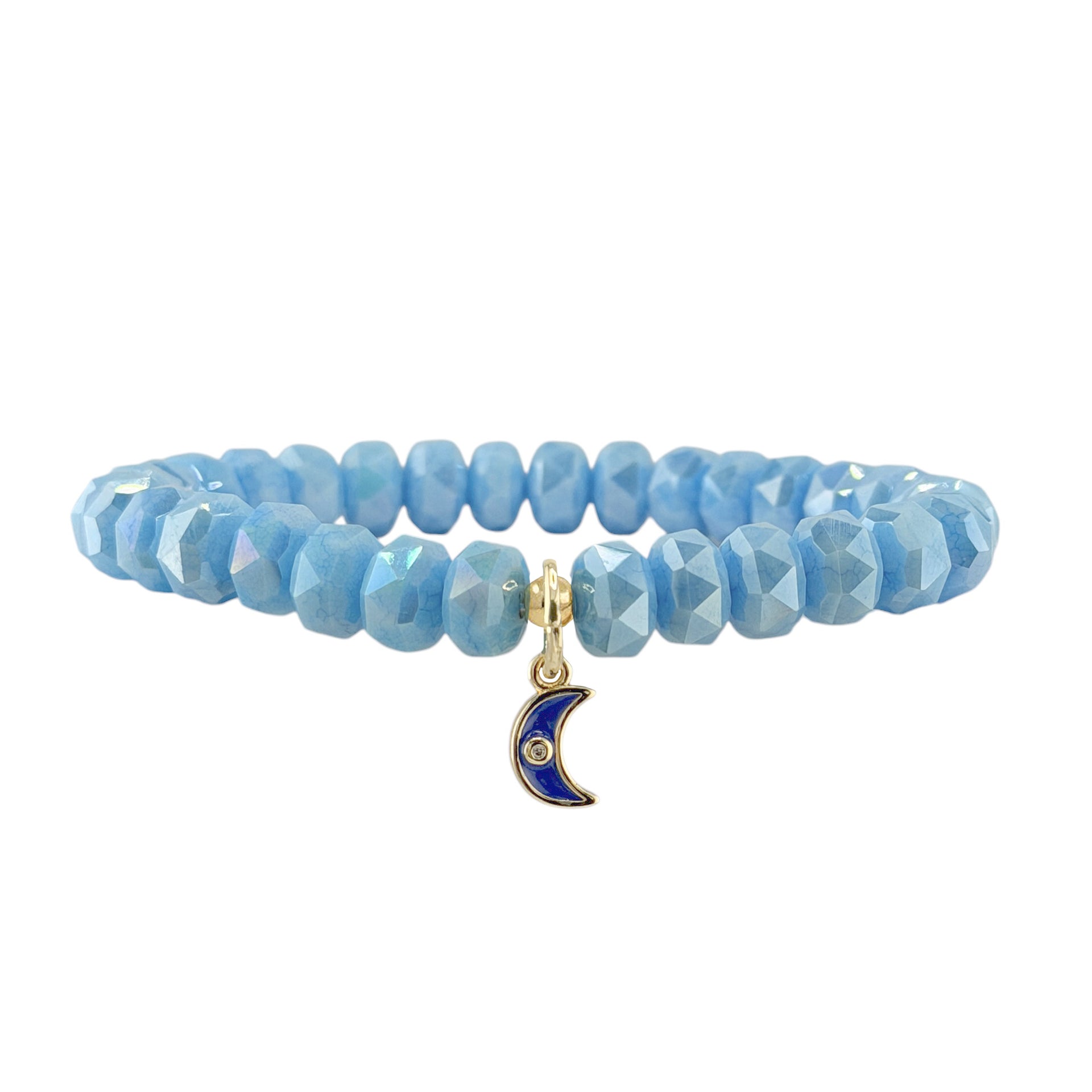 Luna Luxe Moon Charm Crystal Beaded Bracelet in light blue with faceted rondelle beads and crescent moon charm