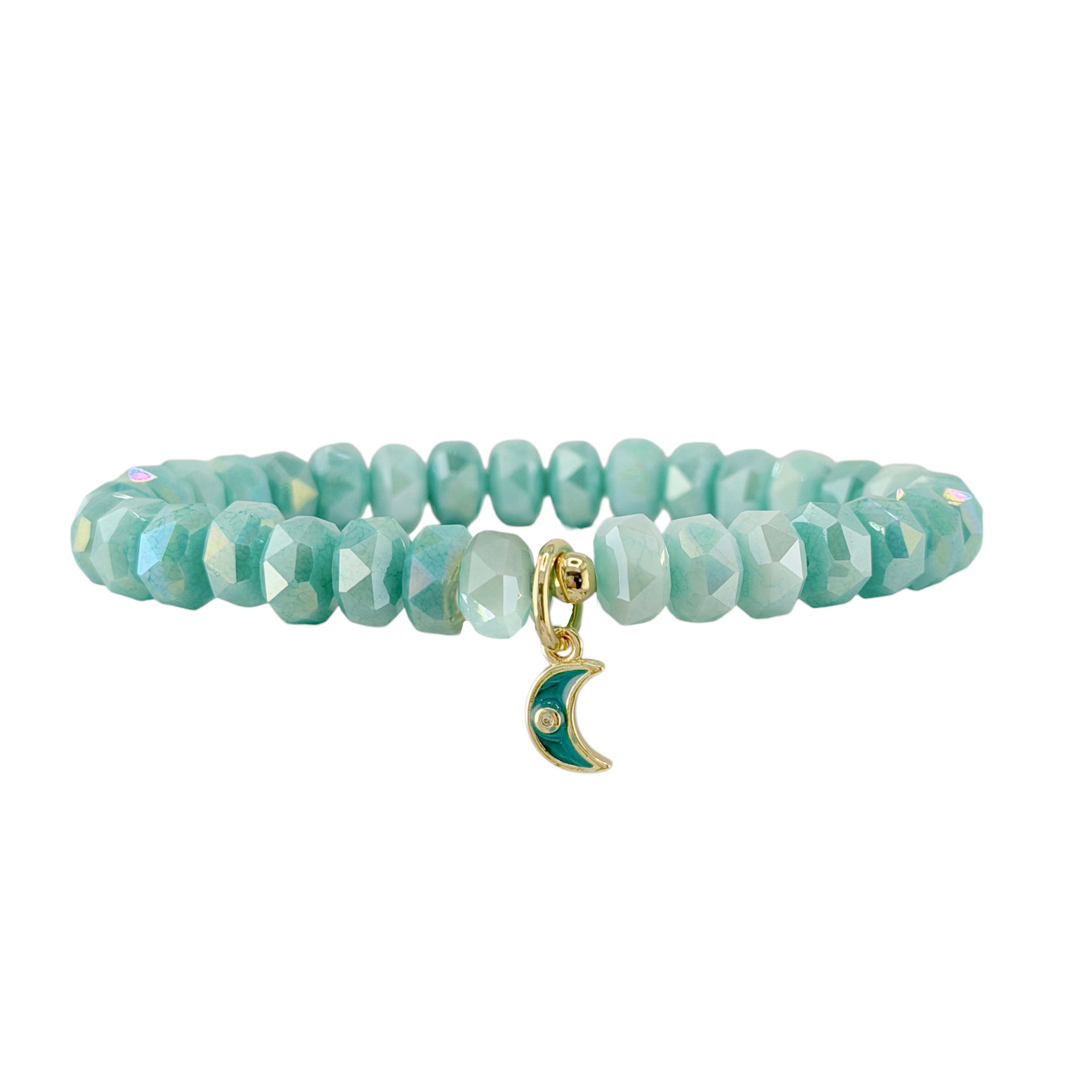 Luna Luxe Moon Charm Crystal Beaded Bracelet in light green with faceted rondelle beads and crescent moon charm