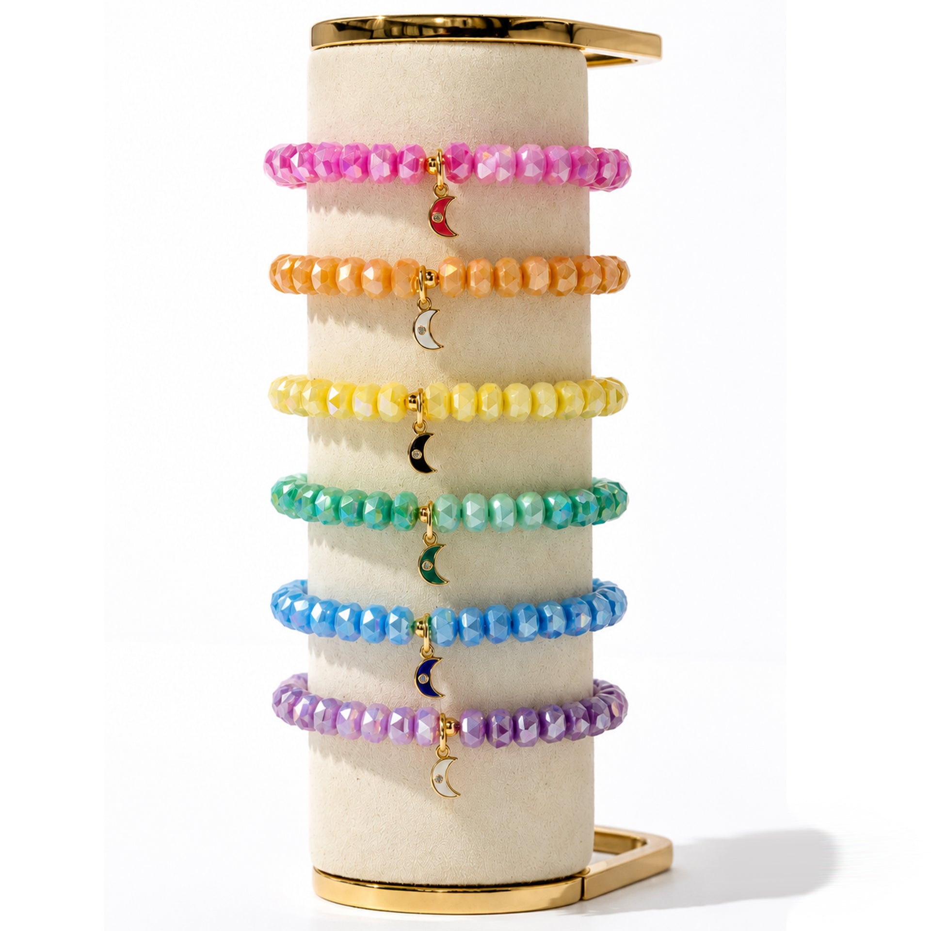 Love Lisa Luna Luxe Moon Charm Crystal Beaded Bracelets displayed in colorful pastel styles with enamel moon charms