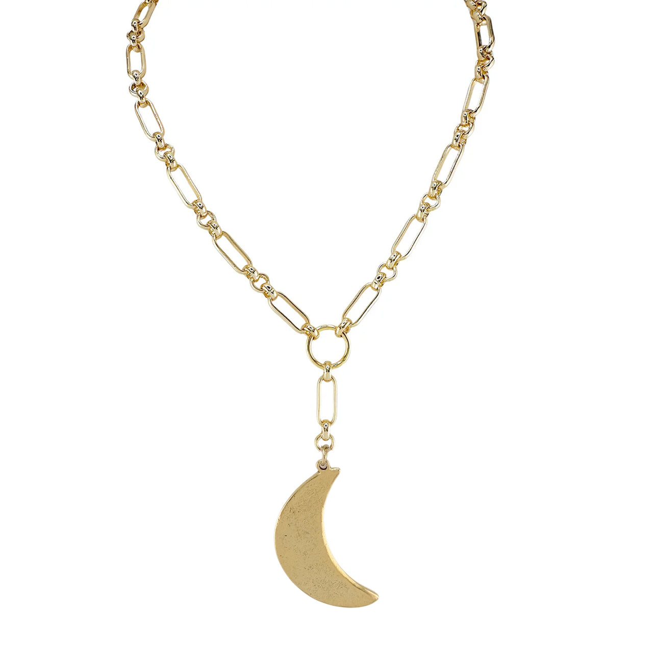 gold crescent moon medallion necklace on paperclip chain celestial jewelry Love Lisa