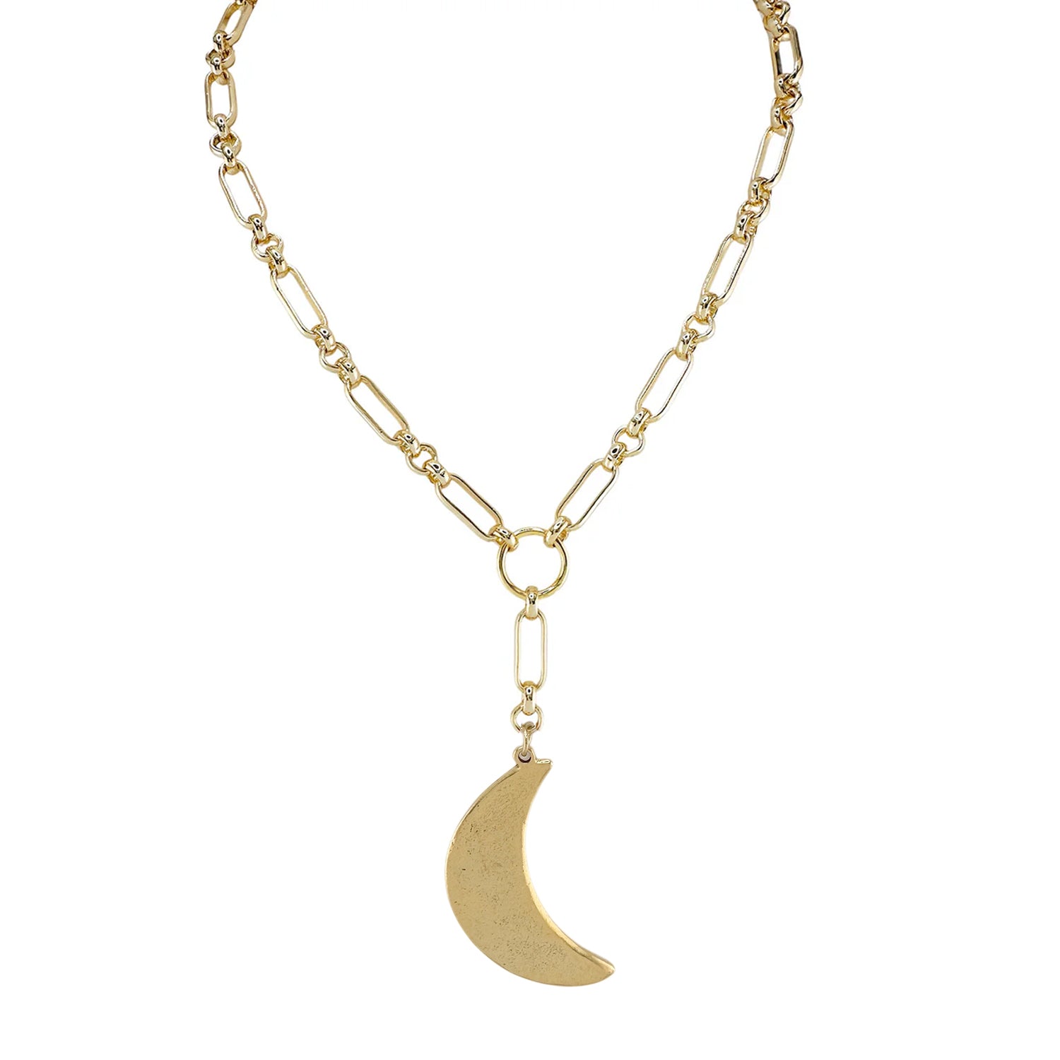 gold crescent moon medallion necklace on paperclip chain celestial jewelry Love Lisa