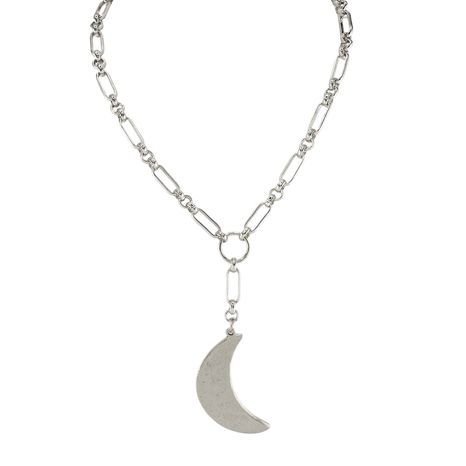 silver crescent moon medallion necklace celestial jewelry Love Lisa