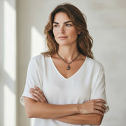 Love Lisa Luna Worry Stone Moon Necklace styled on model jewelry layering look