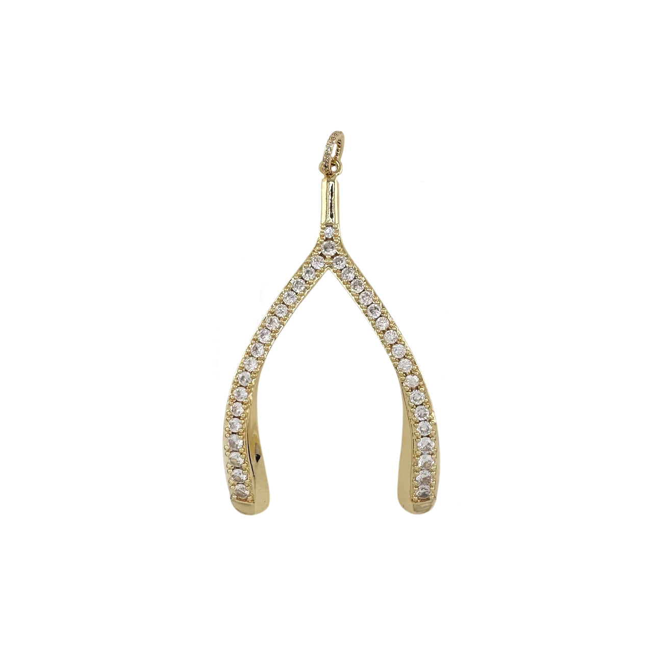 Gold Luxe Wishbone Sparkle Charm with pavé CZ crystals, photographed on white background