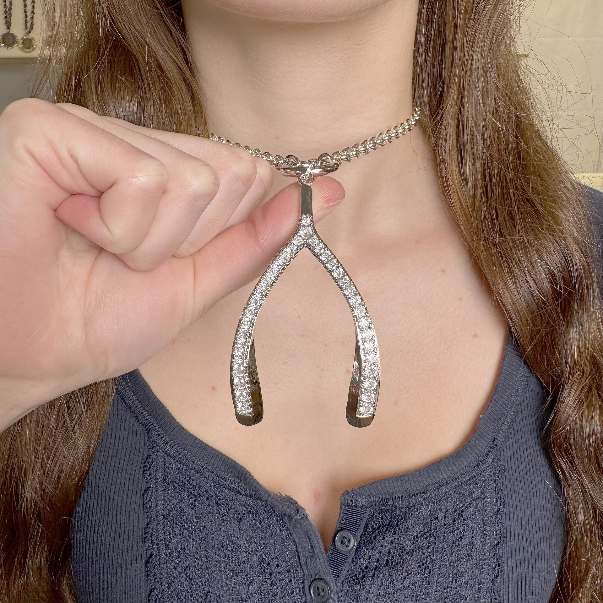 Silver Luxe Wishbone Sparkle Charm with clear cubic zirconia stones in wishbone design