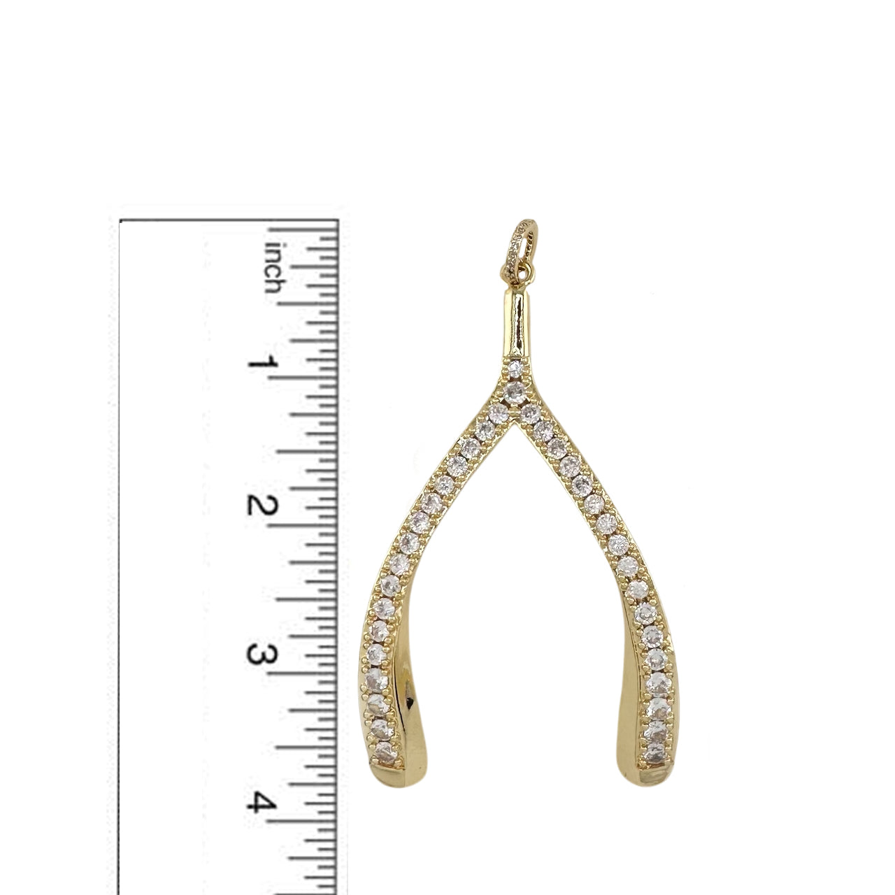 Gold Luxe Wishbone Sparkle Charm with CZ stones shown next to ruler, approximately 4 inches long"