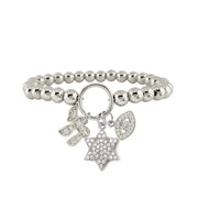 silver stretch bracelet with Star of David Chai and Evil Eye charms