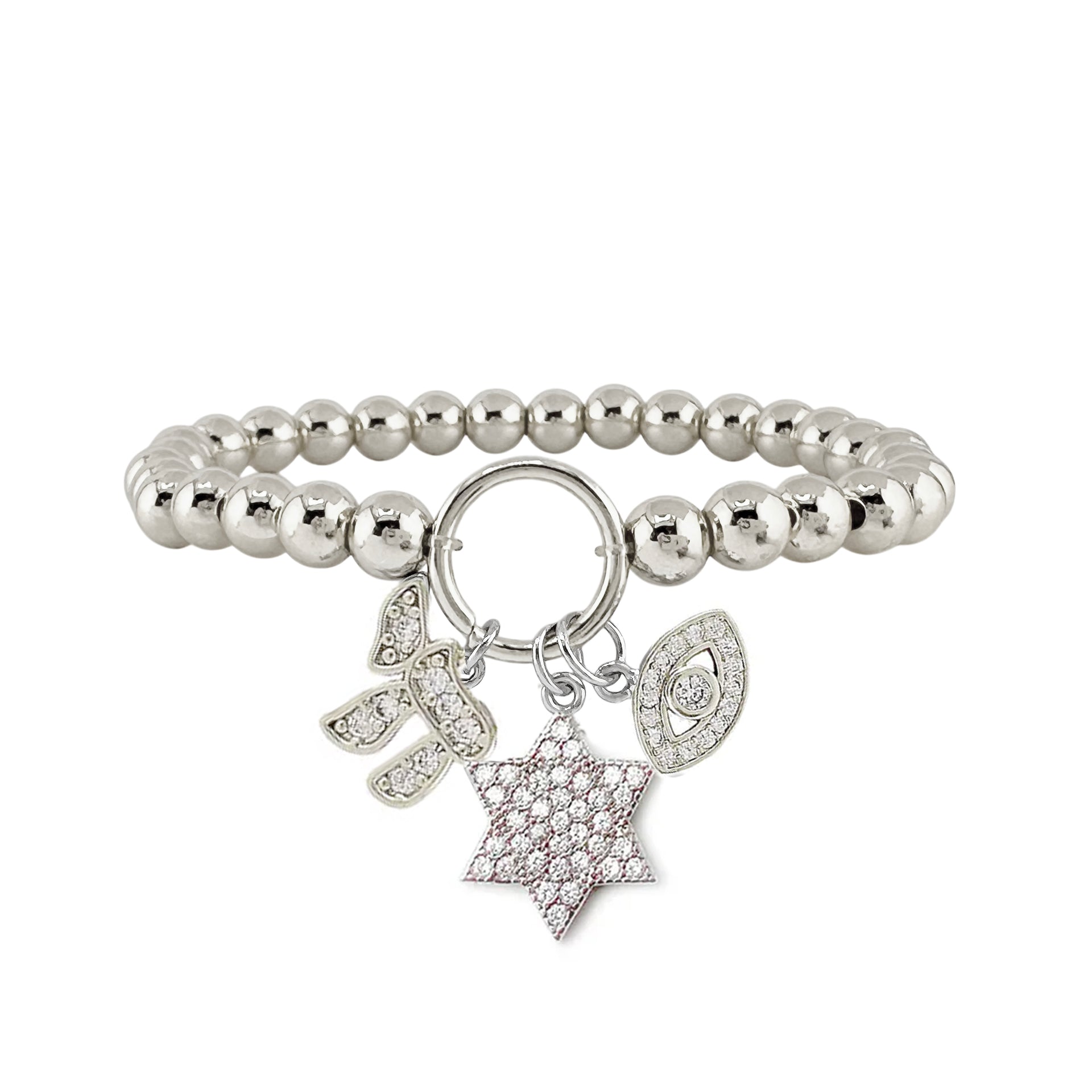 silver stretch bracelet with Star of David Chai and Evil Eye charms