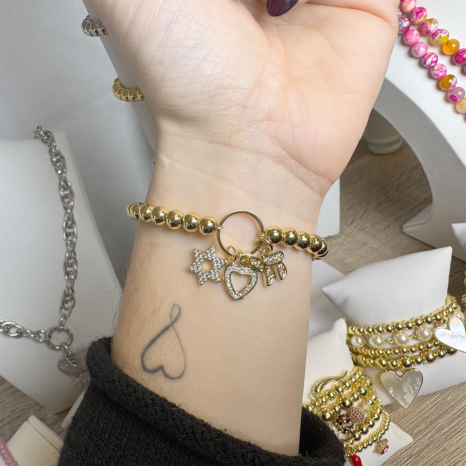 Love Lisa lynn love faith bracelet gold with pavé star of david heart and chai charms