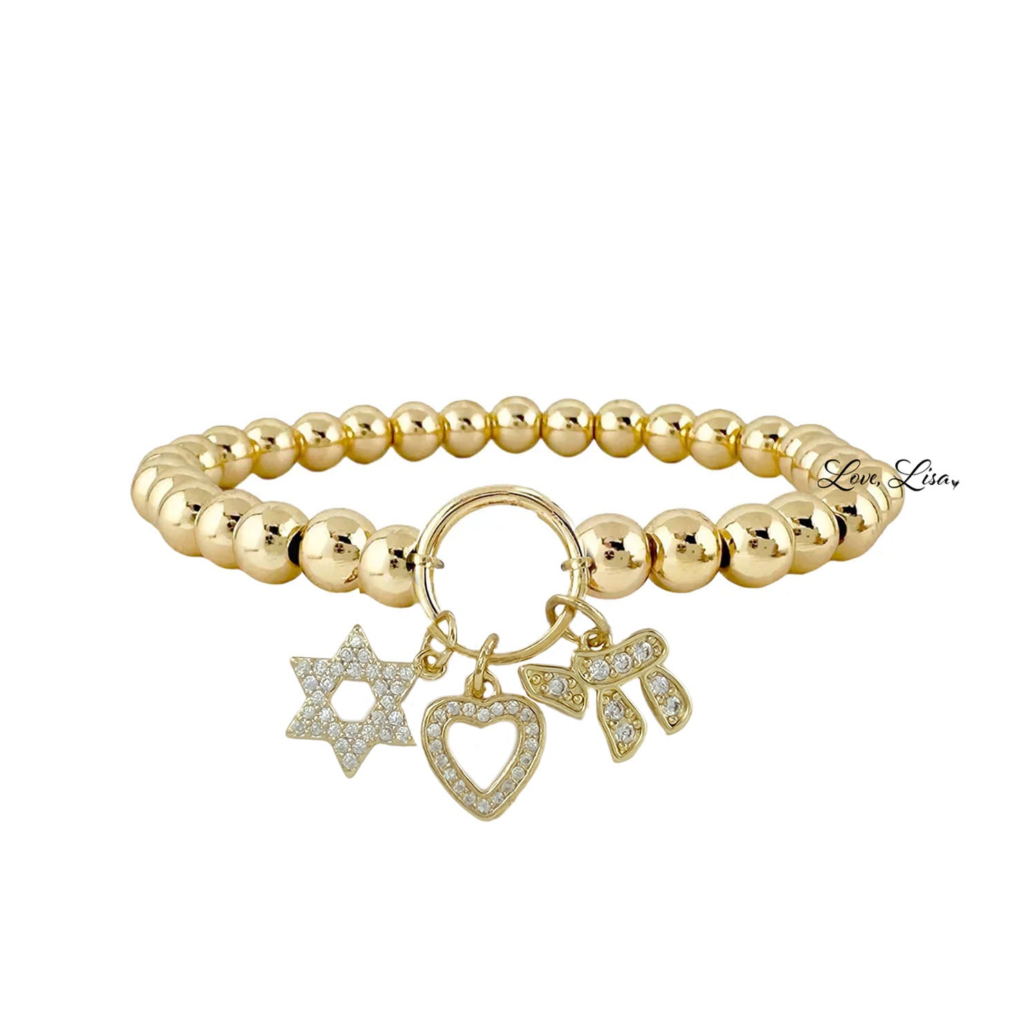 Love Lisa lynn love faith bracelet gold with pavé star of david heart and chai charms
