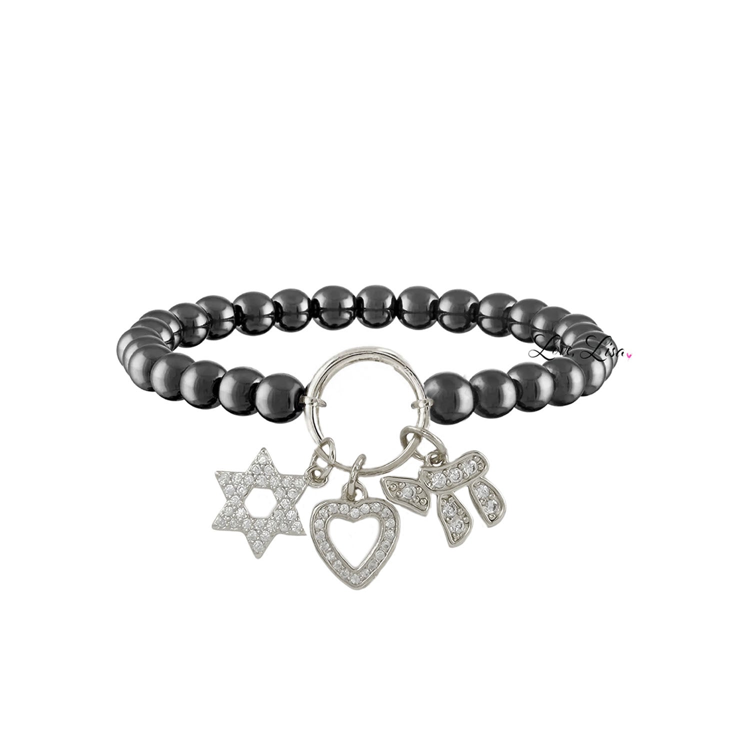 gunmetal beaded love faith bracelet with pavé star of david heart and chai charms